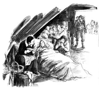 Description&nbsp;: Bernal series; Vincent de Paul, seated, with food for sick woman in bed; artist: Bernal